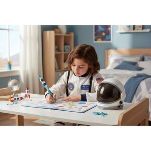 Astronaut-Themed Beaded Pen With Sparkling Blue Details & Planet Accents